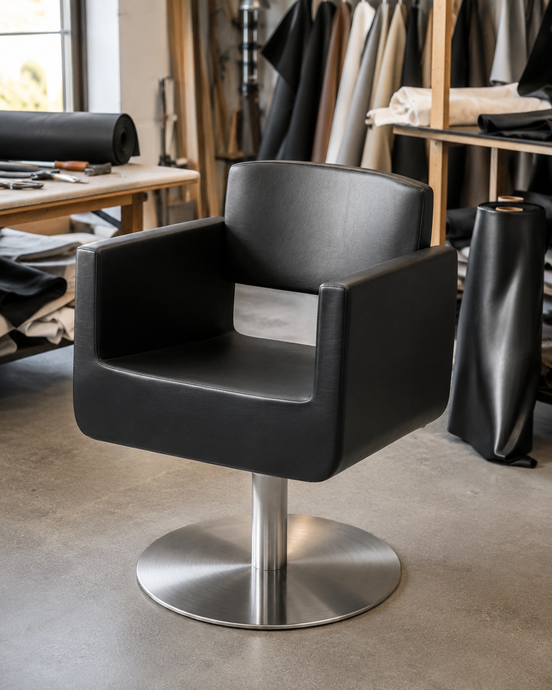 Neu bezogener Friseurstuhl mit hochwertigem Kunstlederbezug