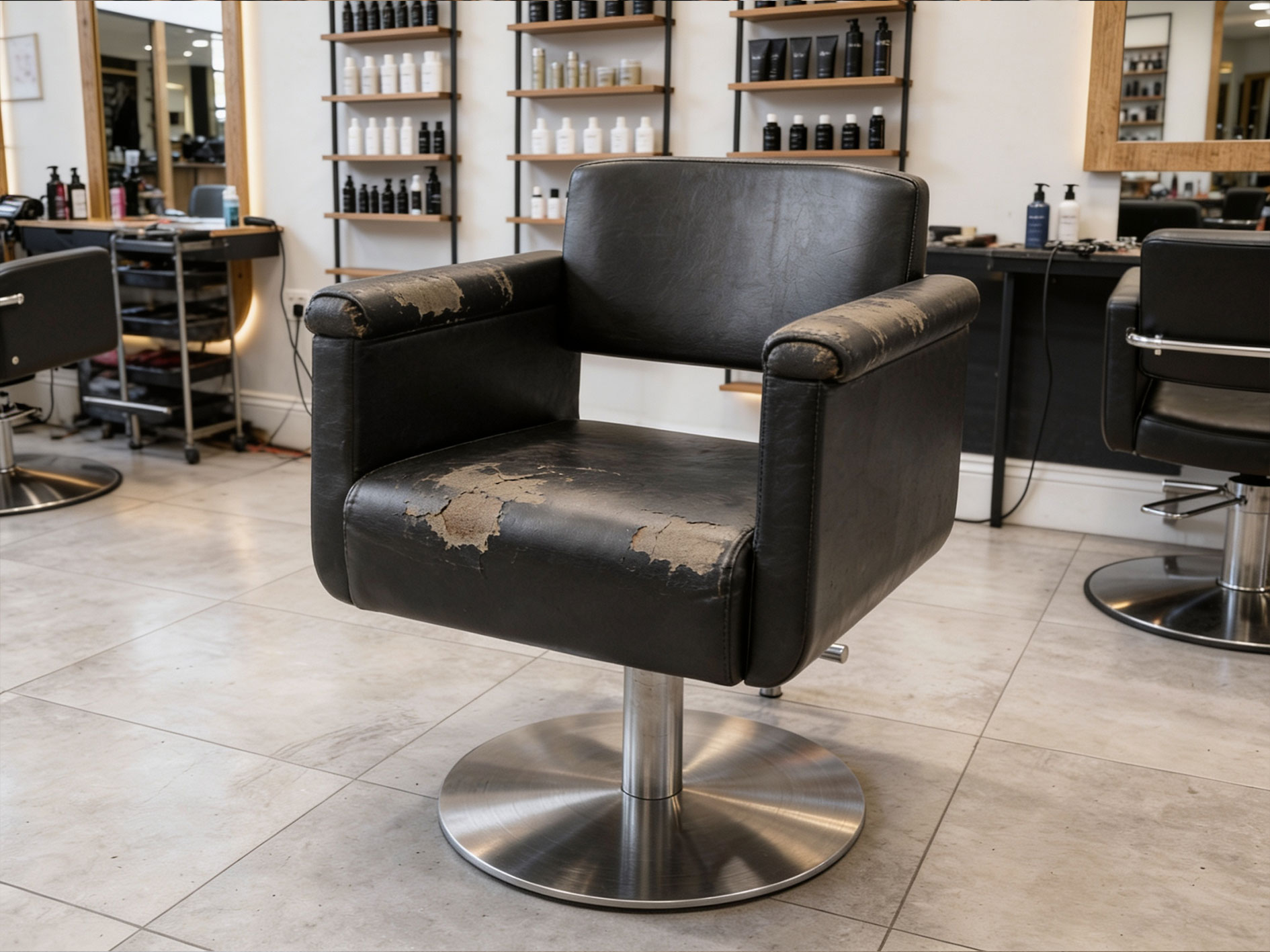 Friseurstuhl mit abgenutztem Bezug